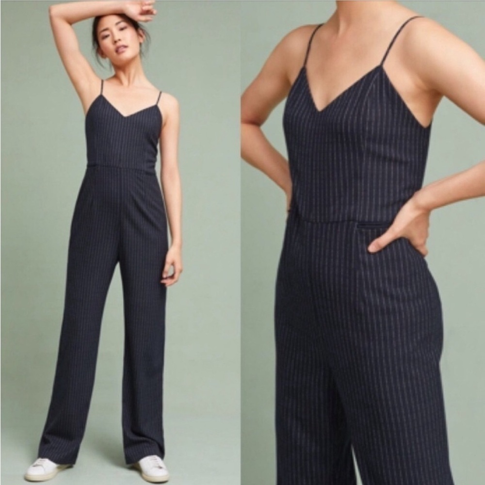 Anthropologie The Essential Jumpsuit Size 0 Pinstriped Minimalist Preppy V Neck
